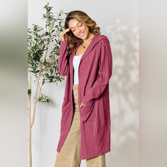 Basic Bae Designer Fushia Full Size Hooded Sweater Cardigan - Picture 1 of 8